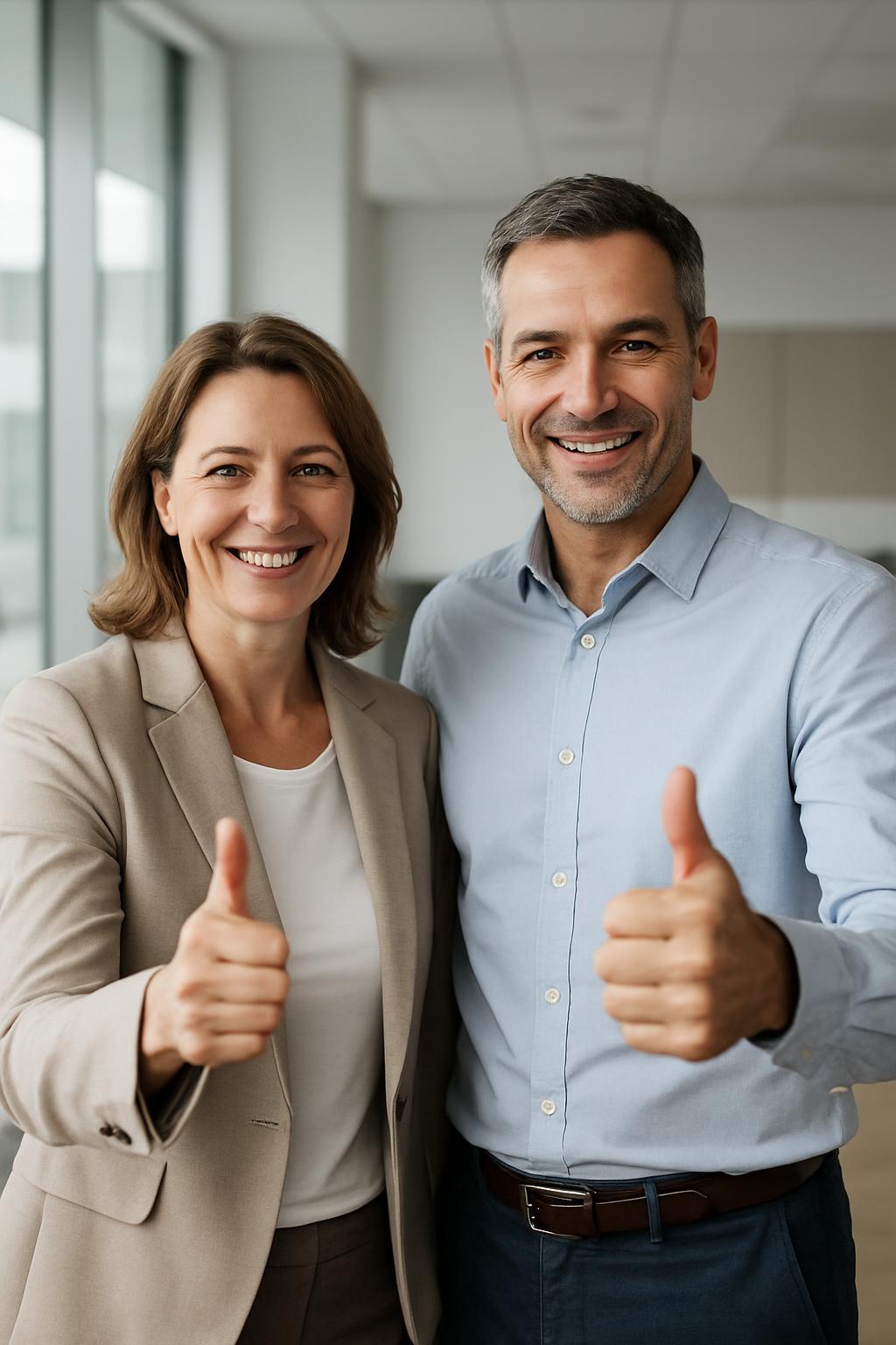 okay two people smiling and giving a thumbs up. de
